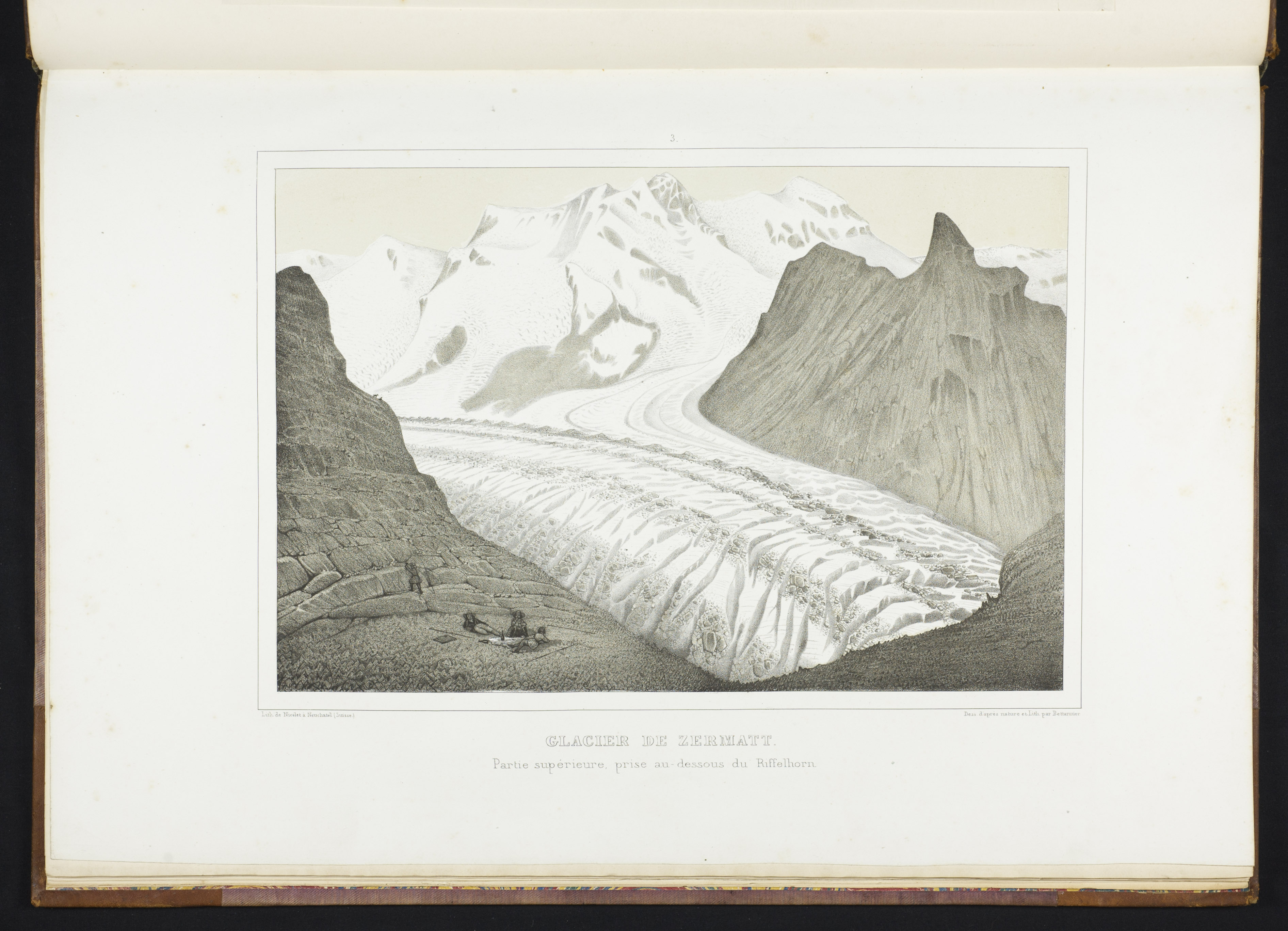 Engraving of a glacier in the Alps, with small human figures in the foreground.