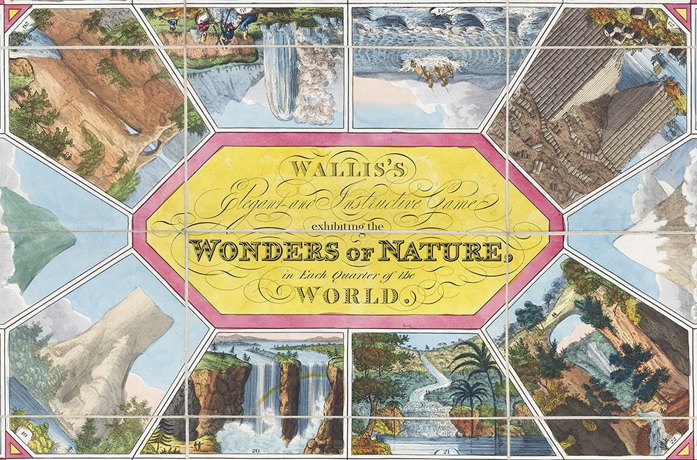 View of game board showing several natural wonders, such as mountains and waterfalls.