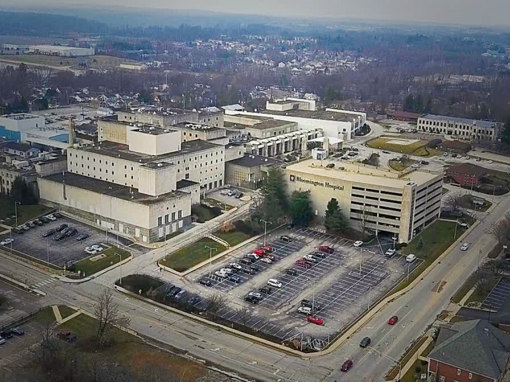Aerial photograph of the Indiana University Health Bloomington Hospital at 601 West Second Street.