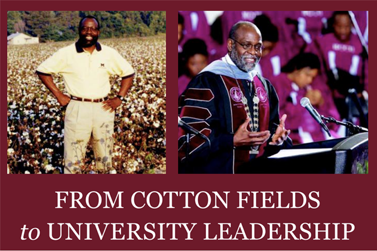 Two images of Charlie Nelms are show next to each other. In one them he stands in a cotton field. In the second he is dressed in full academic regalia