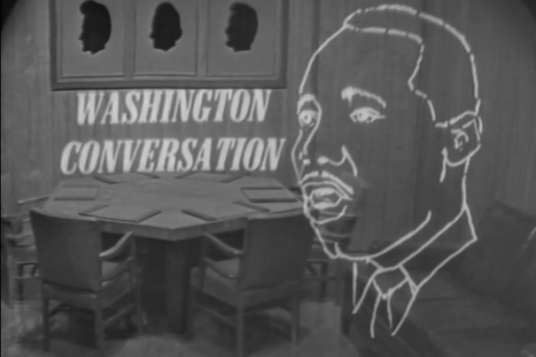Screenshot of opening graphic for "Washington Conversation" features a line drawing of Martin Luther King, Jr.