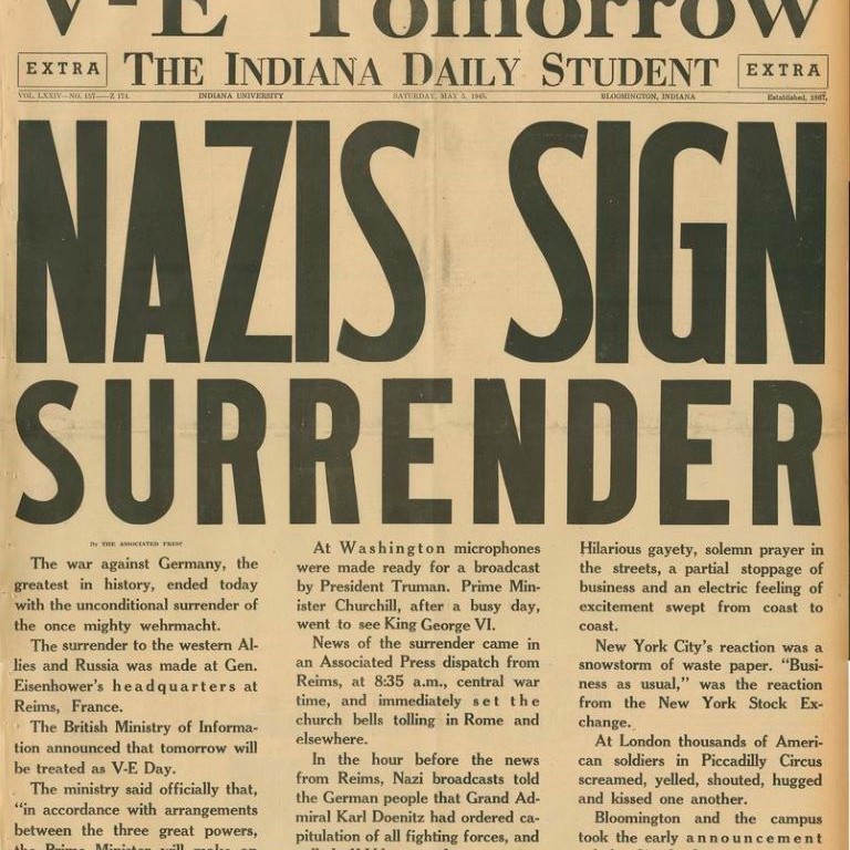 A 1945 newspaper scan features the headline Nazis Sign Surrender