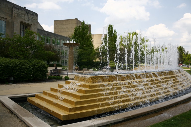  Color photograph of the fountain outside of the Music Library.