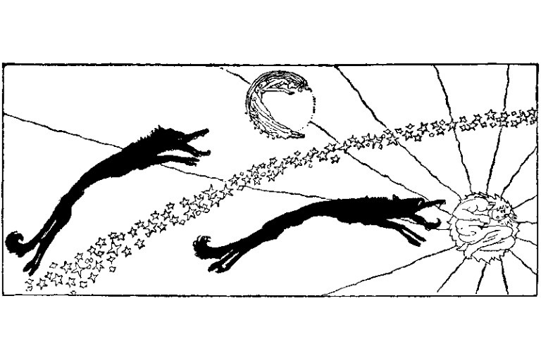 In a stylized illustration of an eclipse myth, two wolves chase anthropomorphized versions of the sun and moon. 