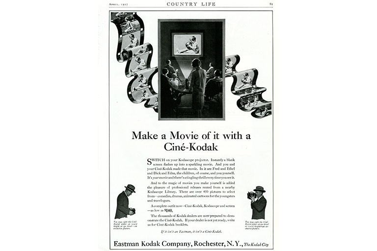 Image of a magazine advertisement for Ciné-Kodak. The headline reads "Make a Movie of it with a Ciné-Kodak." The images show people using the camera and watching a film on a projector.
