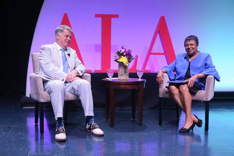 Librarian of Congress Carla Hayden (right) and Archivist of the United States David S. Ferriero (left) are shown in conversation at the American Library Association 2018 Annual Conference in New Orleans.