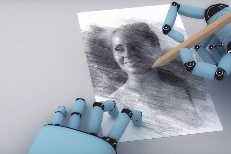 Light blue robotic hands drawing a woman. 