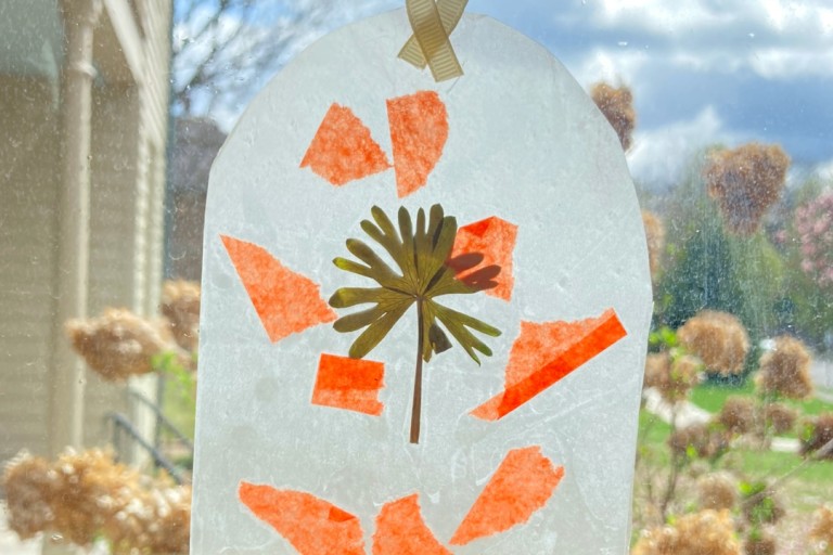 a sheer paper with colorful bits of paper and a pressed plant leaf in the center hanging in a window