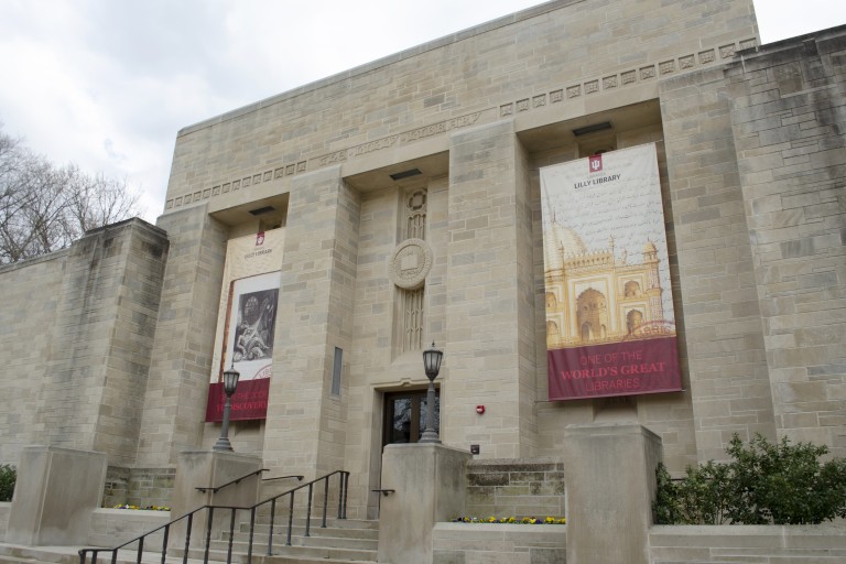 Exterior view of Lilly Library with banners