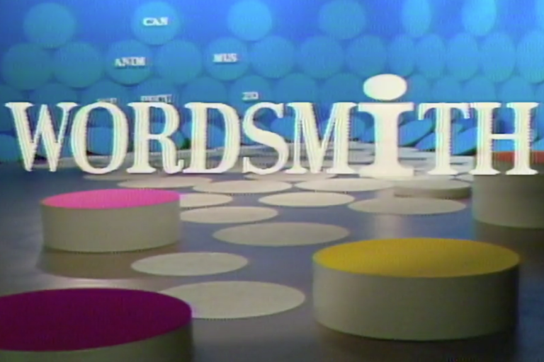 wordsmith title screen with colorful set and geometric shapes