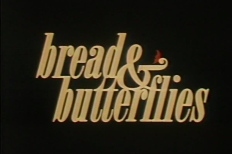 title screen for bread and butterflies with yellow lettering and a red butterfly 