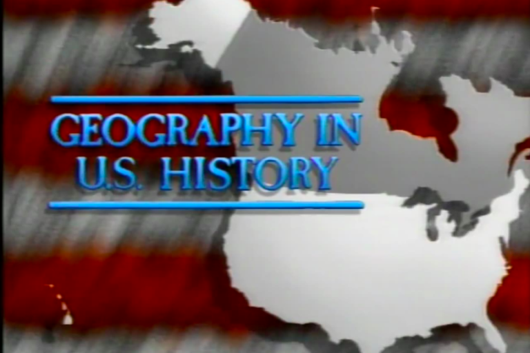 american flag background overlaid with united states map and title for program geography in U.S. history