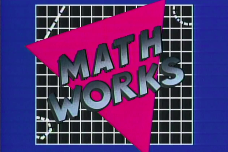 Math Works title screen with bright triangle positioned over graphing squares.