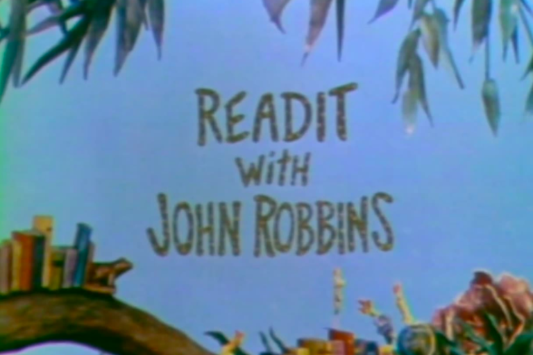 title screen for Readit with John Robbins on blue sky background with claymation trees and books around a lily pond