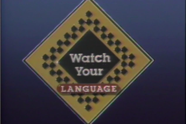 Title card for Watch Your Language showing a diamond with a road sign design