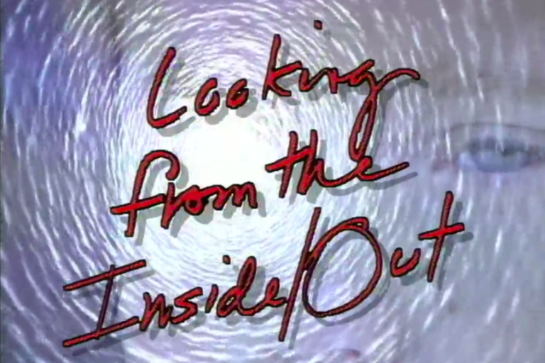 Title card for Looking From the Inside/Out in red handwritten text style with psychedelic background