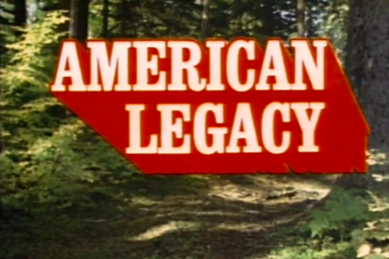 Shows title screen for American Legacy in white letters with red outline and depicts a forest scene in the background.