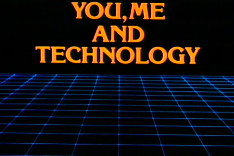 Title screen for You, Me, and Technology showing yellow lettering and three dimensional graphic plane.