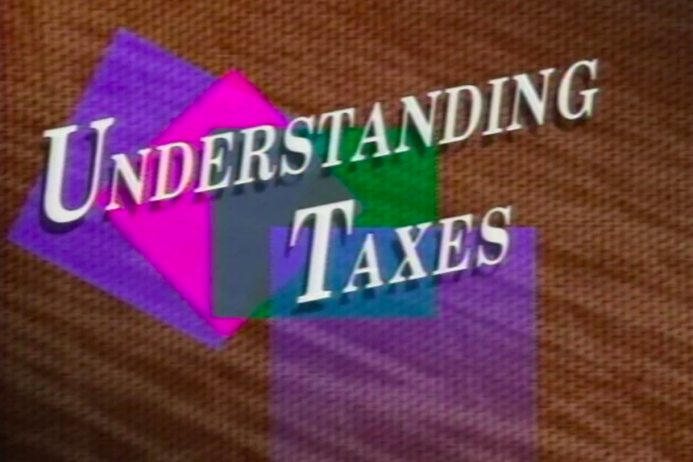 Understanding Taxes title screen with white text and multicolor geometric background 