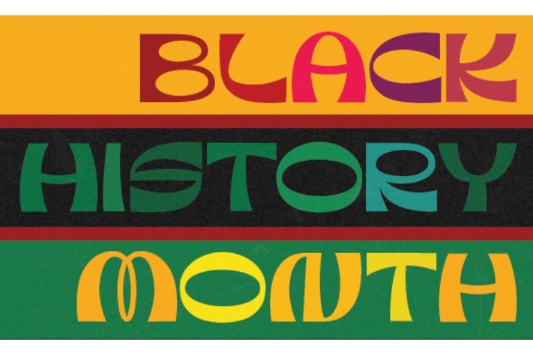 Orange, black, and green 3-row banner with "Black History Month"  each word distributed in every row.