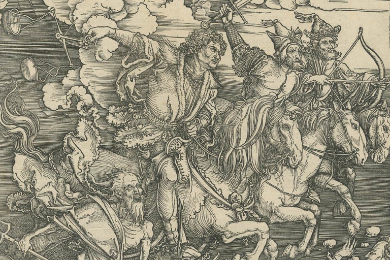 Close up of print depicting the Four Horseman of the Apocalypse