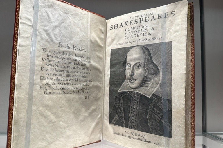 "William Shakespeares Comedies, Histories, and Tragedies" book with black and white image of Shakespeare. 