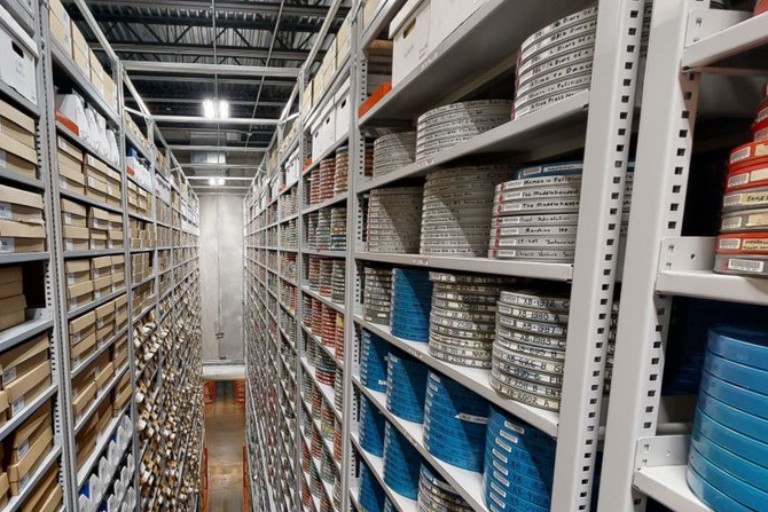 Two long rows of metal shelving reaching nearly to the ceiling in a brightly-lit room. On the left, the shelves are filled with flat boxes and other containers. On the right, the shelves are filled with stacks of metal film canisters, each labeled with its contents.