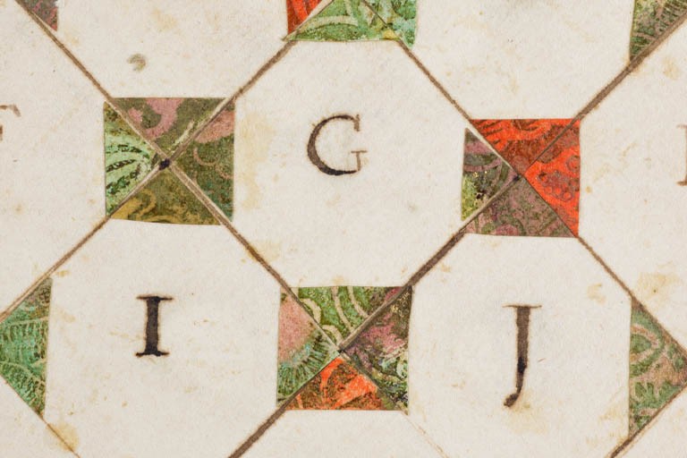 Close up view of alphabet card showing I, G, and J