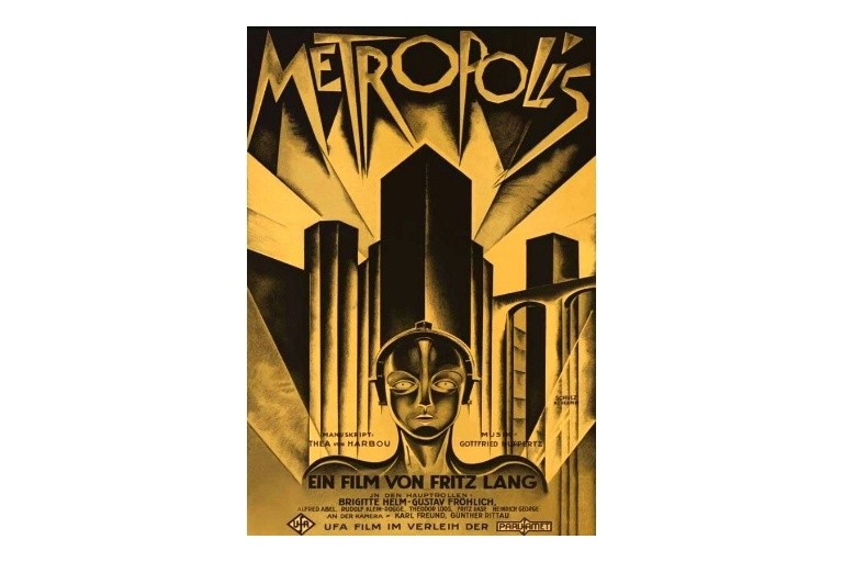 Classic orange and black movie poster of "Metropolis". It shows a robot with a city in the background.