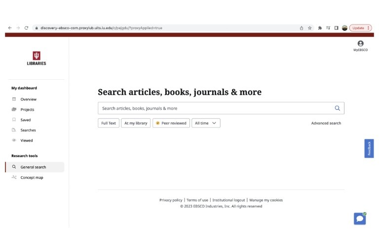 Screenshot of IU's new OneSearch@IU's interface. IU dashboard on the left side column and the search feature in the middle with the words "Search articles, books, journals & more".