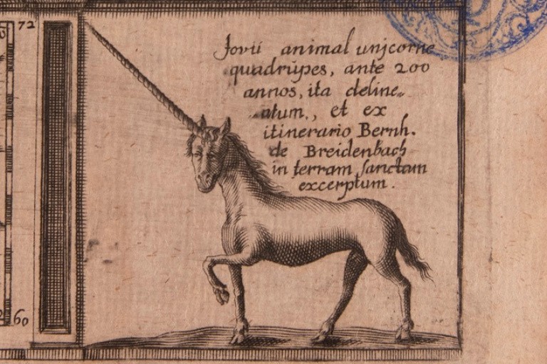 Detail from the frontispiece of Historia navigationis Martini Forbisseri (1675) by Dionyse Settle shows an engraving of a prancing unicorn.