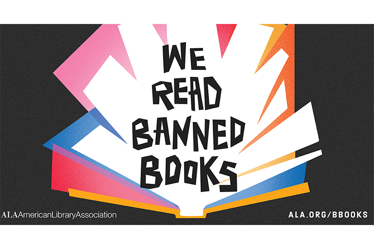 A colorful graphic shows open books with the words we read banned books bursting out of them