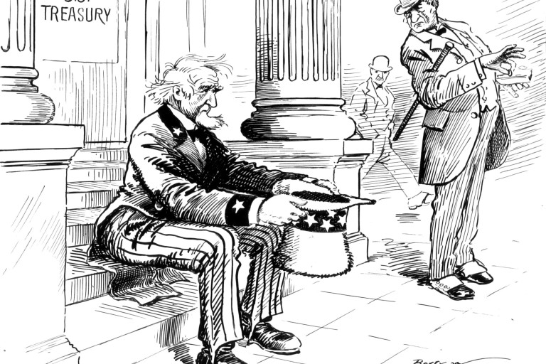 Uncle Sam sits on the steps of the U.S. Treasury, top hat in hand, as a wealthy gentleman in spats distastefully plucks a coin from his wallet.