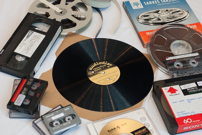 Audio recording grouping of vinyl record, reel tape, cassette tape