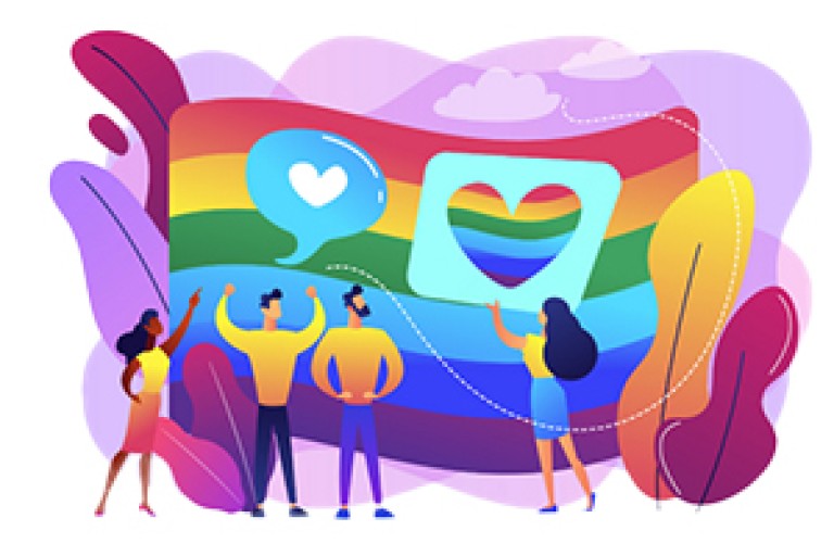 A graphic uses bright colors and a rainbow background to show illustrations of people interacting with each other.  Over thier heads are speach bubbles with hearts inside