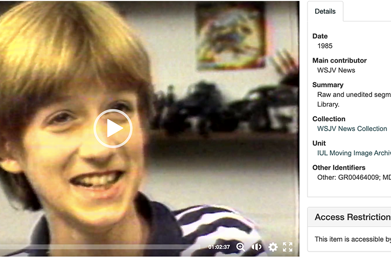 A screenshot of the IU Libraries media database shows a close up photo of Ryan White.