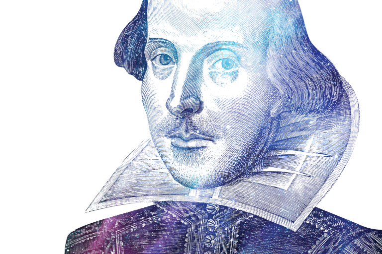 A portrait of William Shakespeare from the First Folio, overlain with a photo of deep space.