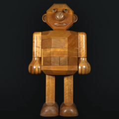 A wooden mechanical puzzle in the shape of a humanoid robot