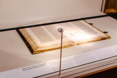 A Gutenberg Bible in a display case at the Lilly Library.