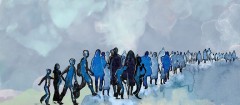 In shades of blue and black impressions of people walk away from the viewer. This is an abstract painting depicting migration.