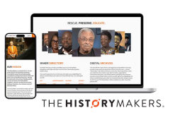 The words The History Makers are part of a graphic that shows the home screen of a webpage on a laptop and on a mobile device. 