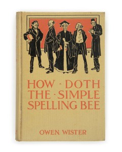 A vintage book cover shows a line art drawing of people standing in a row. The title reads, "How Doth The Simple Spelling Bee"