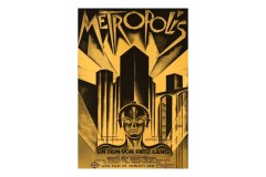 Classic orange and black movie poster of "Metrpolis." It shows a robot with a city in the background.