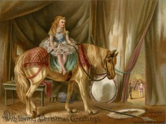Card depicting a young girl riding a horse at a circus.
