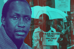 Collage of Ngugi wa Thiong'o's portrait with an activist holding a sign reading "Free Ngugi now!"