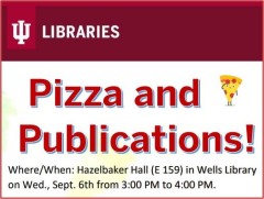 Red text and pizza icon advertising Pizza and Publications event.