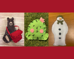 Picture of the three finished take and make kits. One of Otto the Book Bear, one of a cactus, and one of the Snowman
