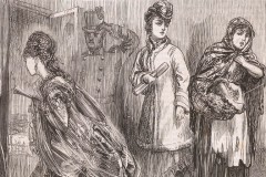 A Victorian engraving of two middle class women and one working class woman. A doorman opens the door for a middle class woman.