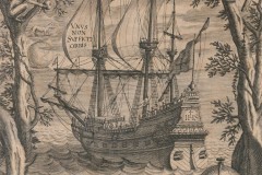 Three-masted sailing ship, three-quarter view from the stern