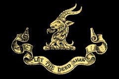 The Family Crest of the Fleming Family, goat head over a banner reading "Let the Deed Shaw"